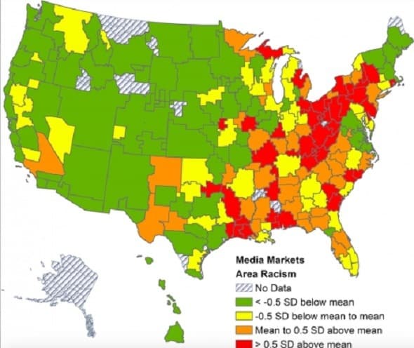 Kortet herover viser, hvor i USA man er mest racistisk, opgjort efter hvor ofte ordet "nigger" optrådte i elektroniske medier. Bemærk at kortet ikke viser de enkelte delstater. Dem kan du se på kortet længere oppe